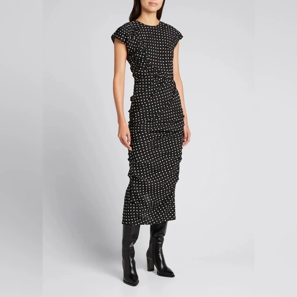 Rachel Comey New Delirium Silk Polka Dot Ruched Midi Short Sleeve Dress Black - Picture 3 of 14